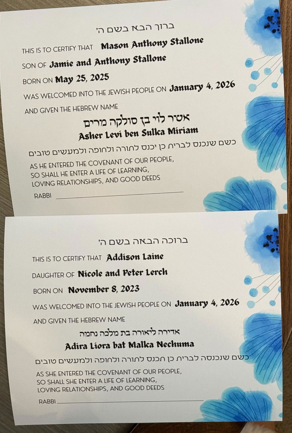 Bris or Jewish Baby Naming Certificate
