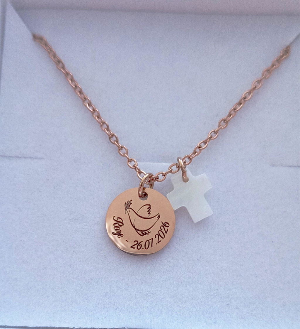 Collier personnalisé enfant avec médaille gravée colombe 15 mm
