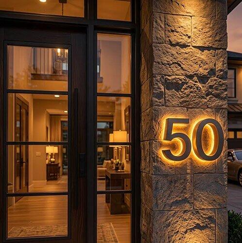 Backlit LED Stainless Steel Address Numbers - Modern Lighted House Signs in Brushed Silver Texture