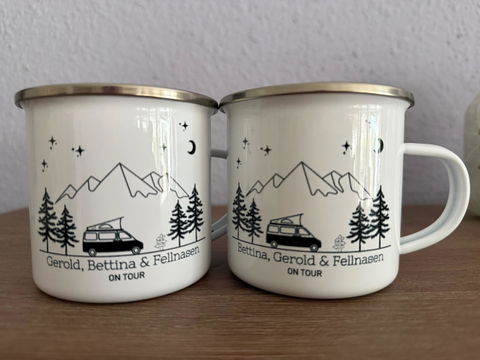 Personalisierte Emaille Camping Tasse "Campingvan mit Aufstelldach"