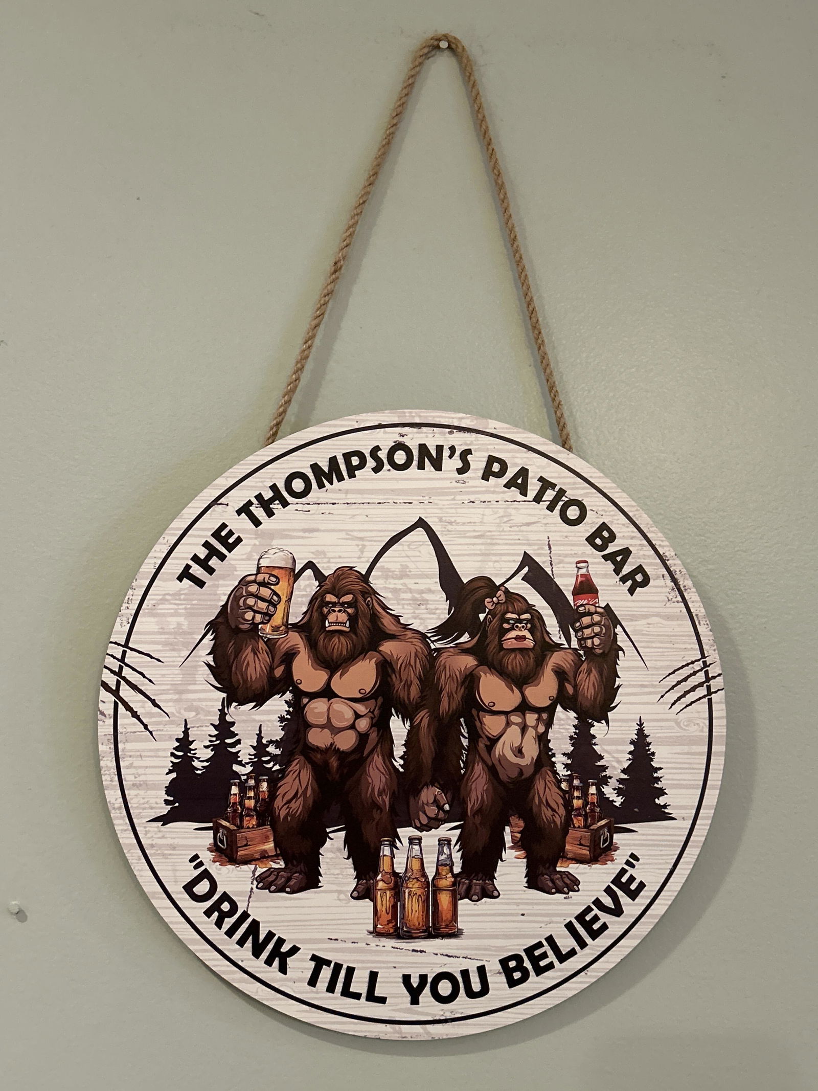 Customer photo of Backyard Bar "Drink Till You Believe" - Personalized Round Wood Sign