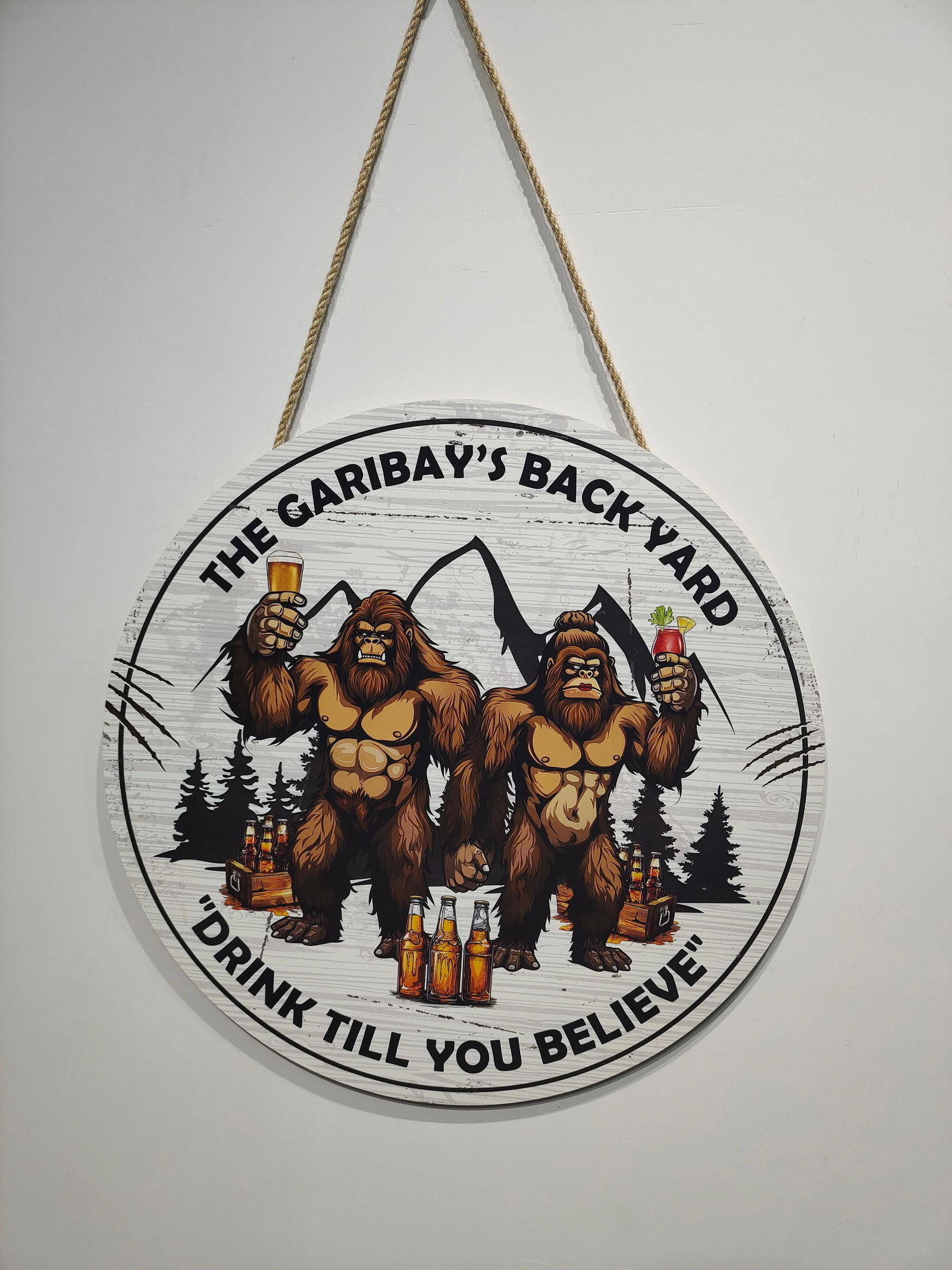 Customer photo of Backyard Bar "Drink Till You Believe" - Personalized Round Wood Sign