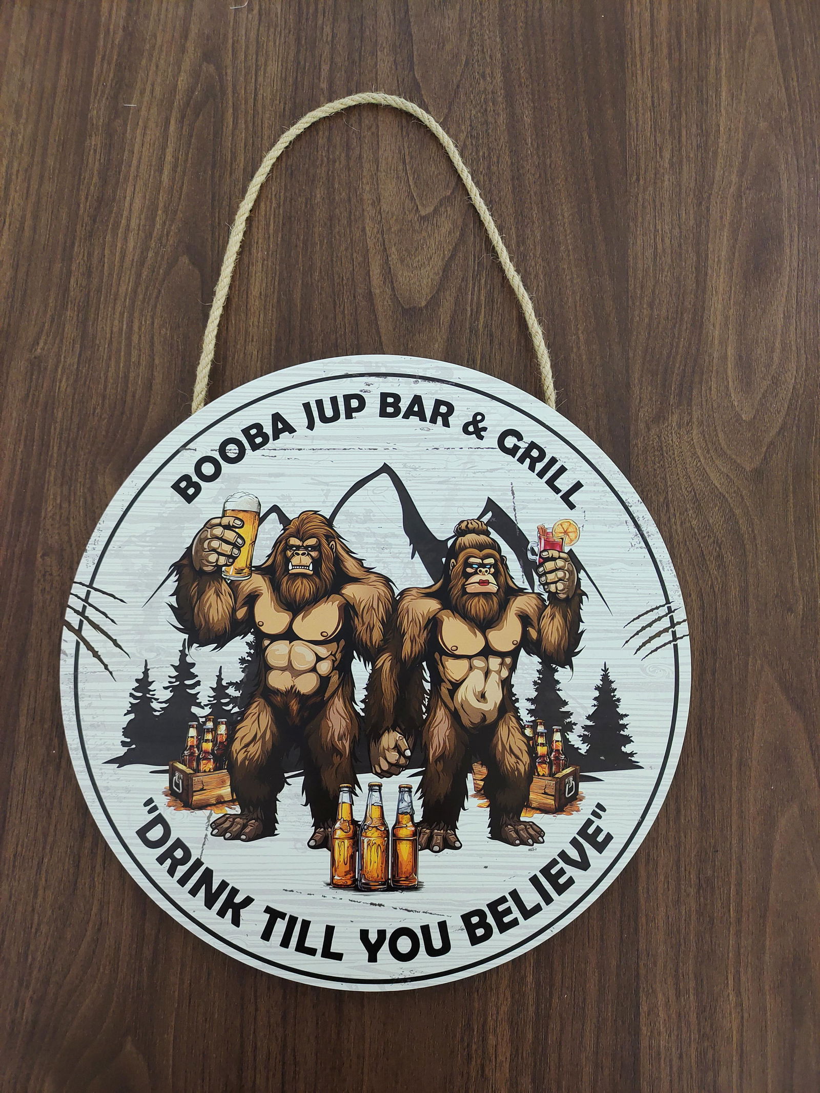 Customer photo of Backyard Bar "Drink Till You Believe" - Personalized Round Wood Sign
