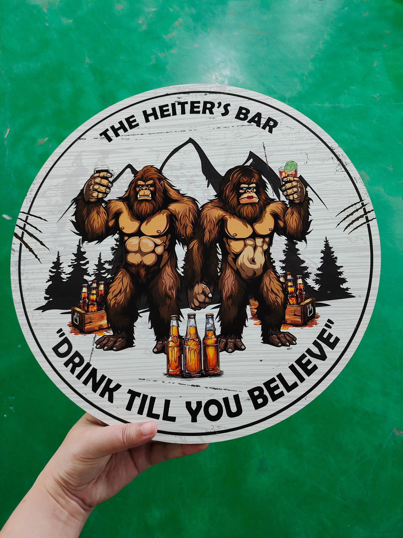 Customer photo of Backyard Bar "Drink Till You Believe" - Personalized Round Wood Sign