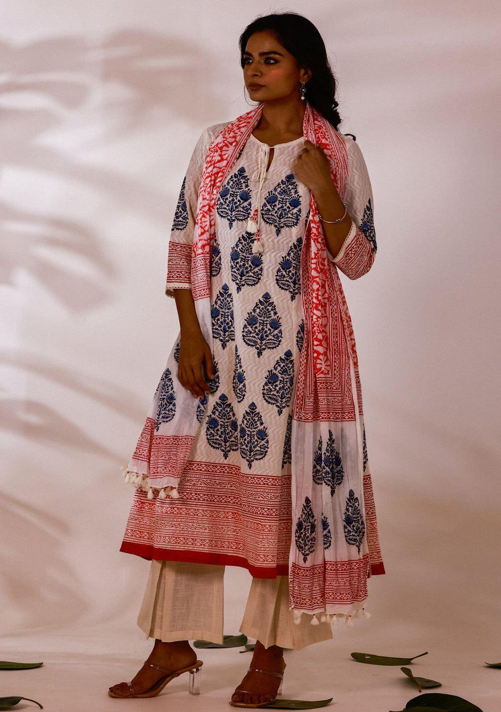 Dobby Blue Hand-Block Print A-line Kurta Set (Set of  3)