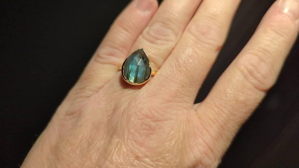 Lia Rainbow Labradorite Tear Drop Ring ~ 18k Gold Plated ~ MR009