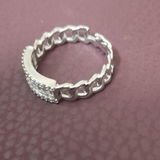 Sterling Silver Chain-Link Three-Row Design White Cubic Zircon Adjustable Ring