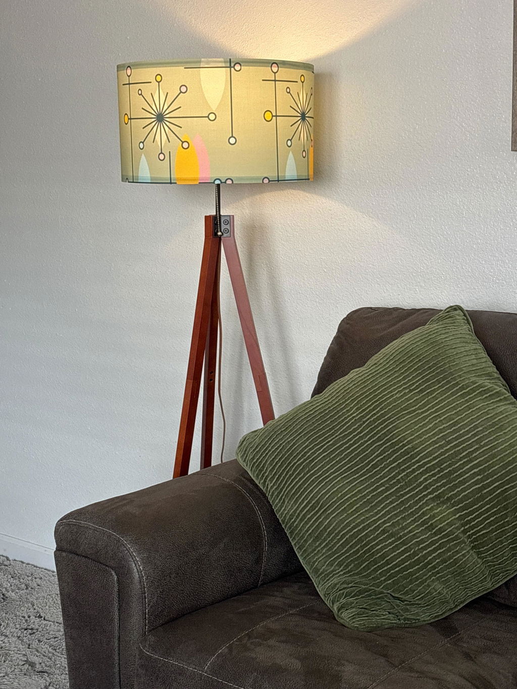 Mid Century Modern Tripod Floor Lamp Green Linen Shade Atomic Starburst Pattern (Made in USA)