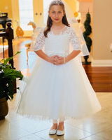Princess Short Elbow Sleeves Ivory Lace Tulle Wedding Flower Girl Dress