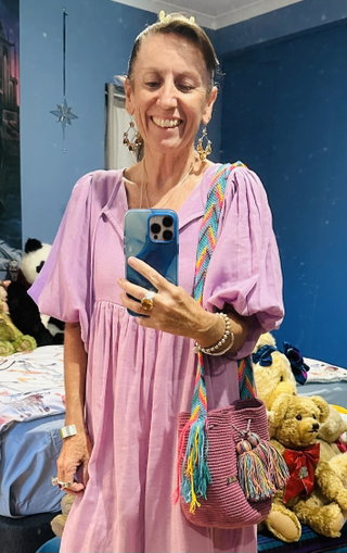 Anne wearing her colourful Mochila bag