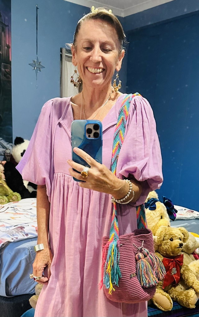 Anne wearing her colourful Mochila bag