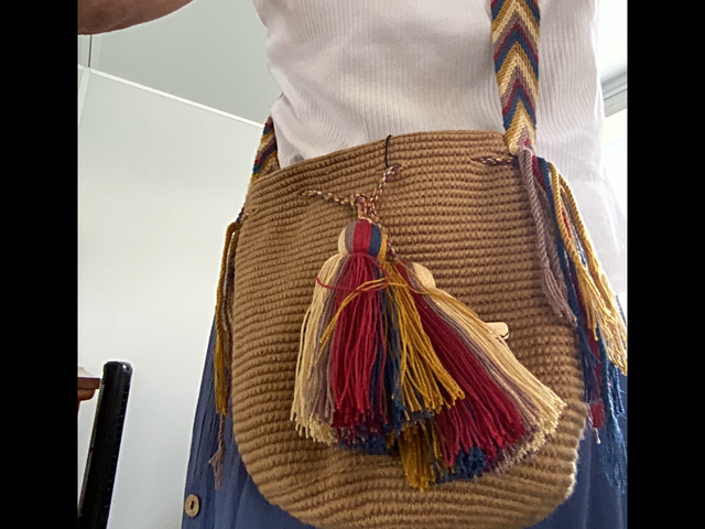 Sandra wearing her Mochila bag