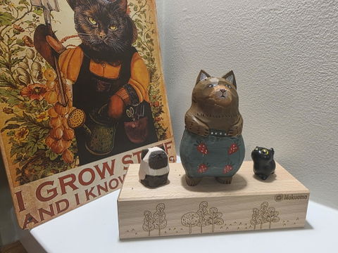 Toto Carved Wooden Cat in Strawberry Pants
