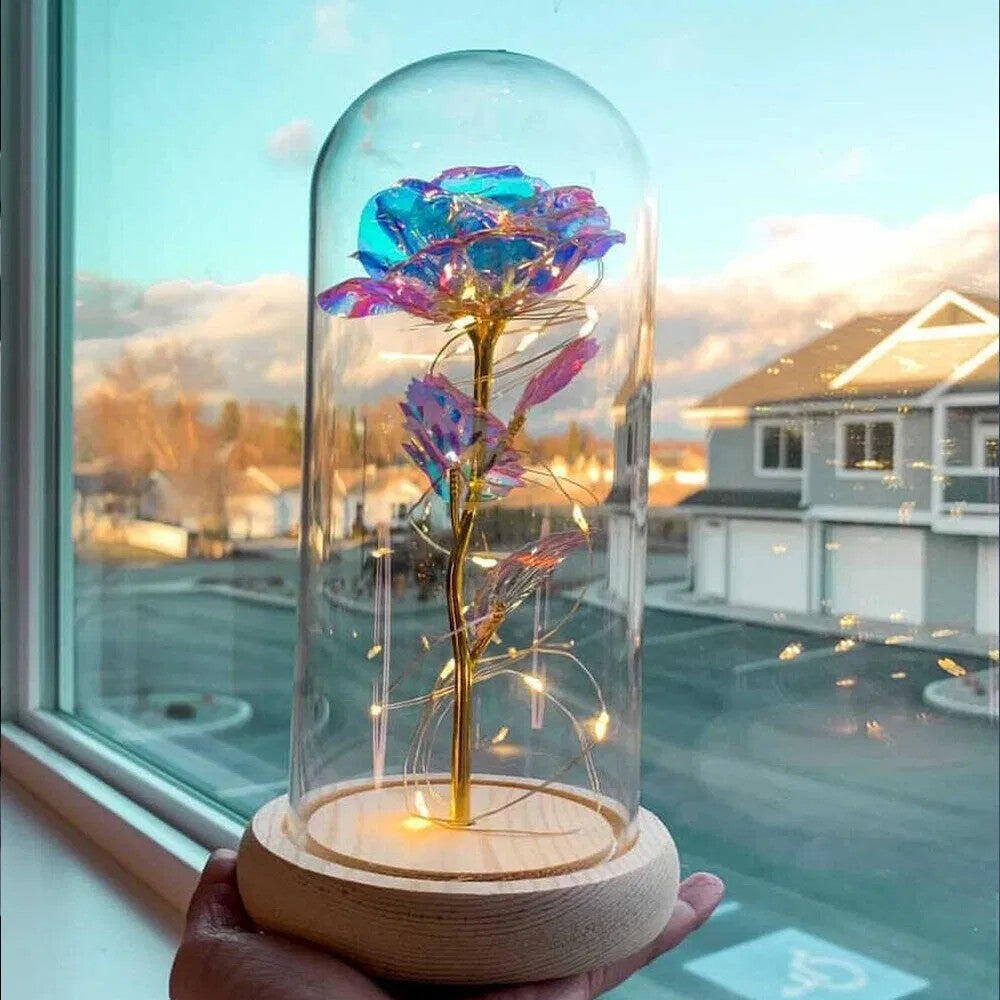 Wooden Base Galaxy Rose in Glass Dome with Warm Lights Timeless Beauty