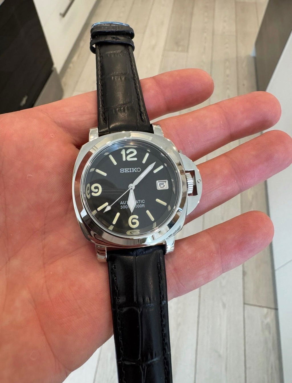 Seiko Panerai-Inspired Mod Watch – Black Dial, Leather Strap, 42mm