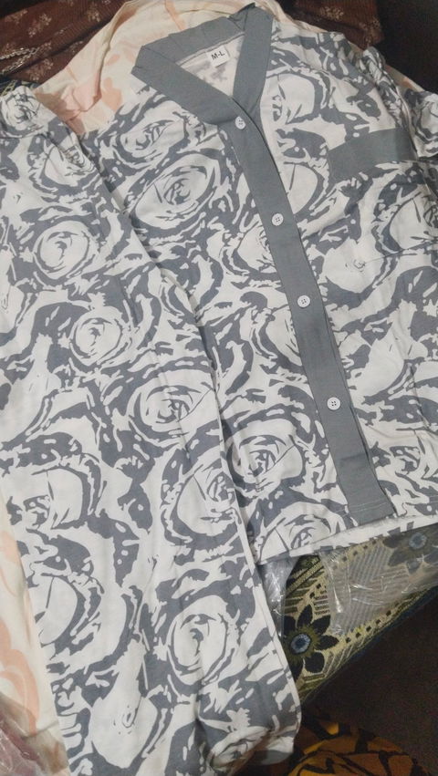 Grey Petals V-Neck Button Printed Night Suit