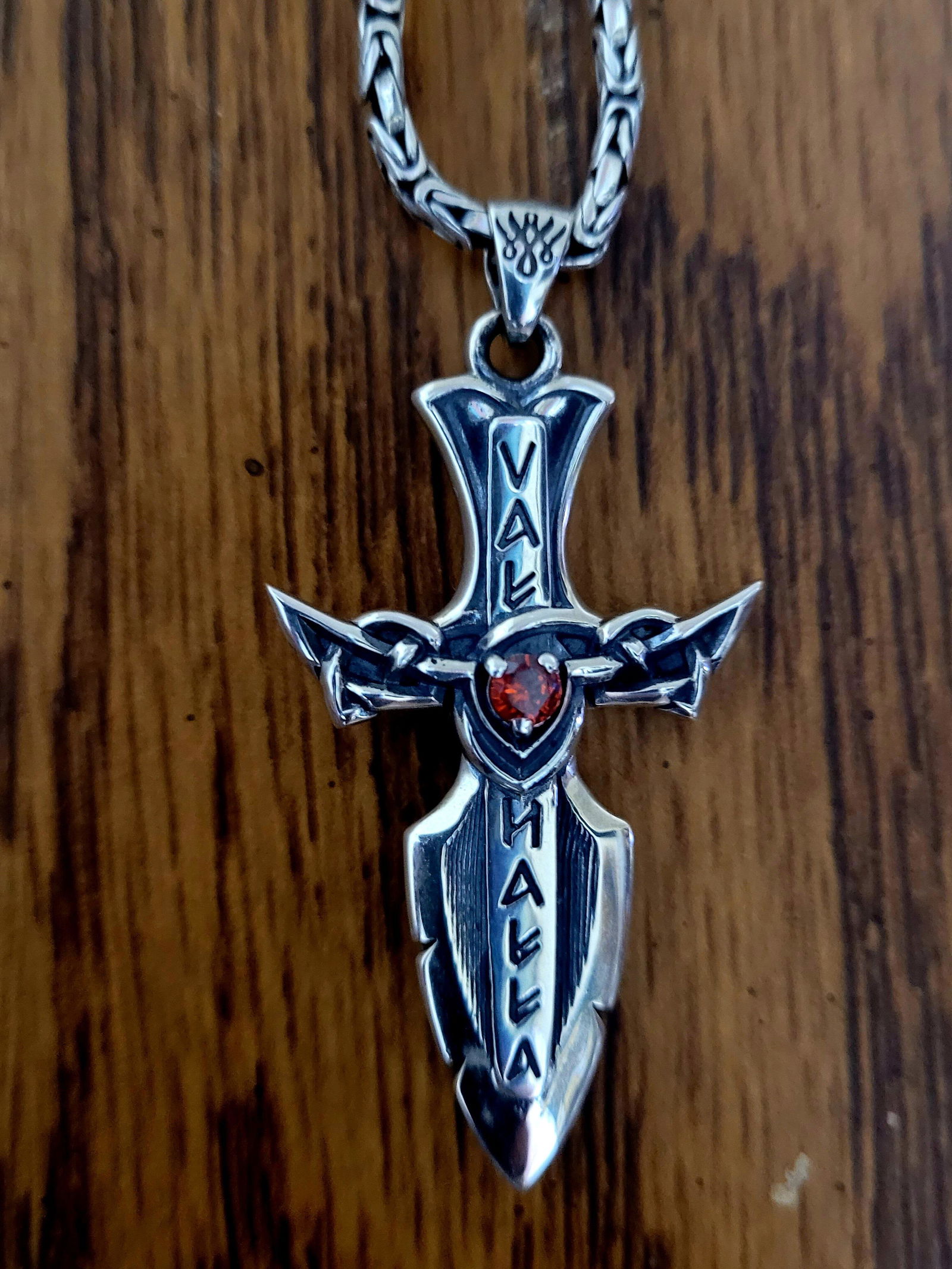 Viking Cross Sword Pendant – Norse Rune Valknut Necklace in