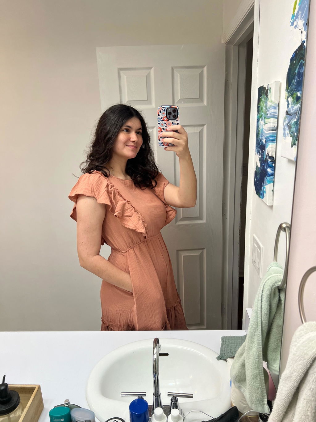 Cotton Gauze Ruffle Midi Dress- Terracotta