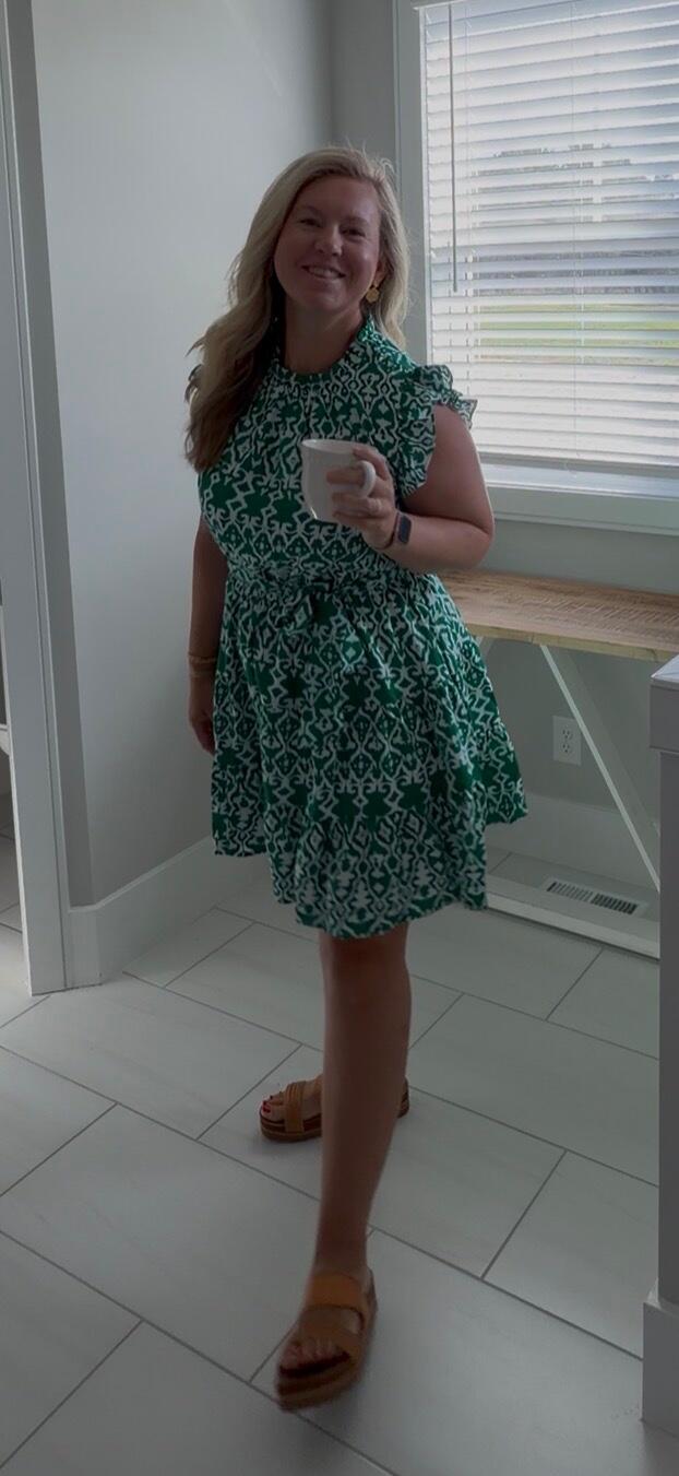 Belted Print Nursing Dress- Green
