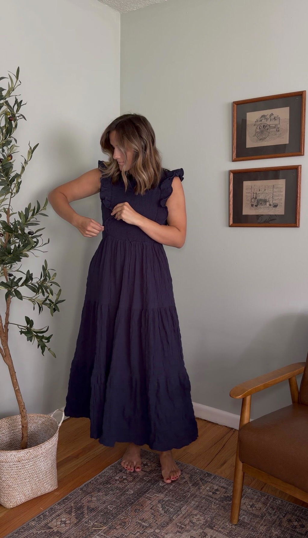 Cotton Nursing Dress - Smocked Navy