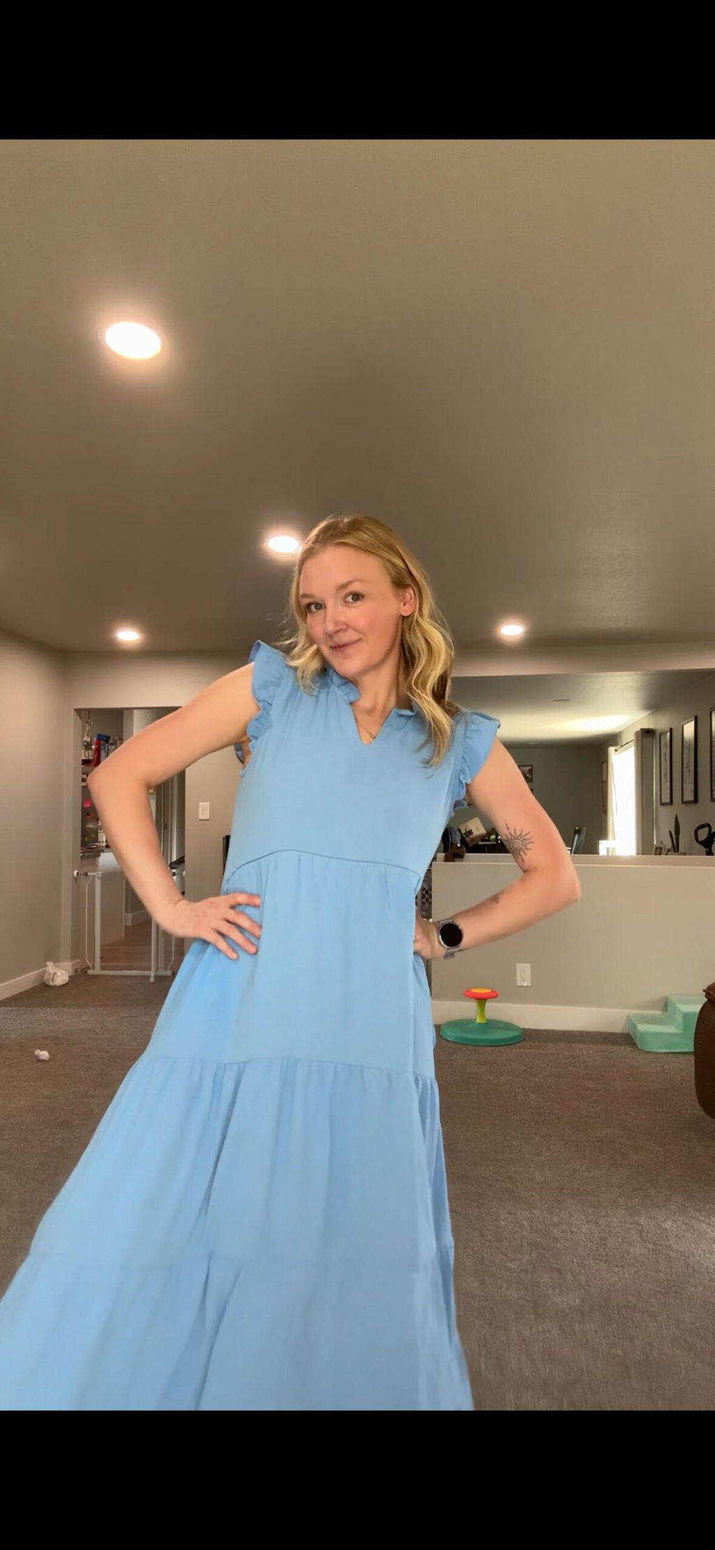 Tiered Nursing Midi Dress With Ruffle Sleeves - Blue