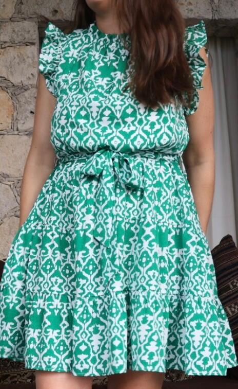 Belted Print Nursing Dress- Green