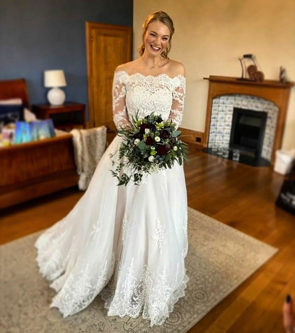 off-the-shoulder a-line wedding dress olivia product info and reviews Off-the-Shoulder A-line Wedding Dress Olivia Light ivory / US 4