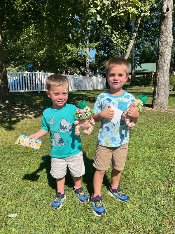 Jaxon and Dexter with their Baby Mummy plushes