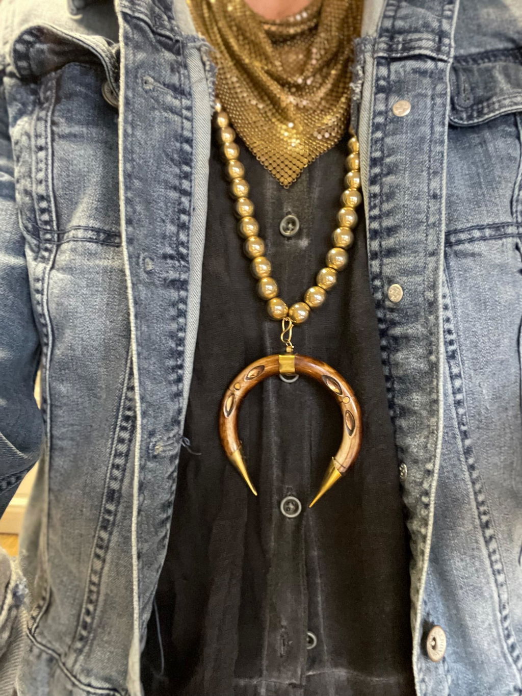 Hand Carved Ox Bone Crescent Necklace - 18" Gold Plated Statement Pendant