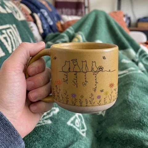 My Heart Belongs To These Cats - Personalized Pottery Mug, Gift For Cat Lovers, Boho Floral Line Art Cat