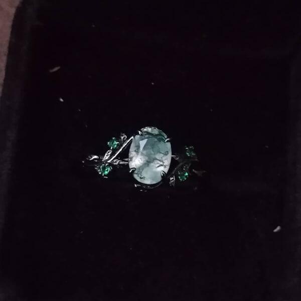 Unique black gold moss agate ring set Nature Inspired aquatic agate engagement ring vintage cluster emerald Leaf wedding ring set for women