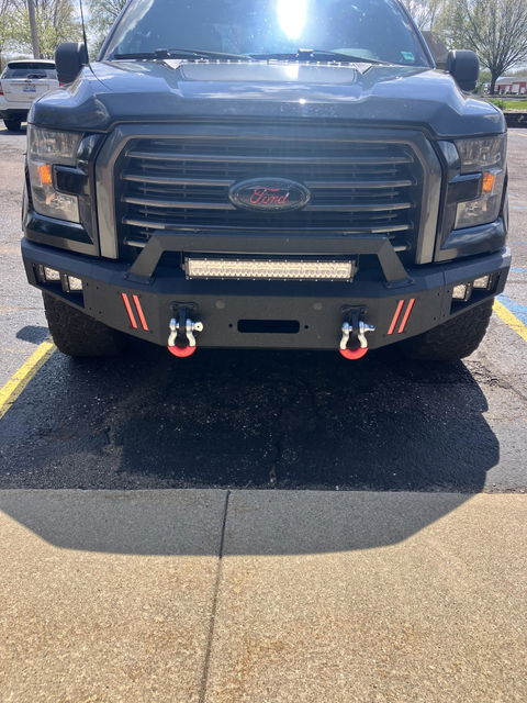 Fits 2015 2016 2017 Ford F150 Front Bumper Textured Black Pickup Truck F150 Bumper w/Winch Plate, Lights, D-rings, License Plate Plate, Sensor Holes (Excluding Raptor & Ecoboost)