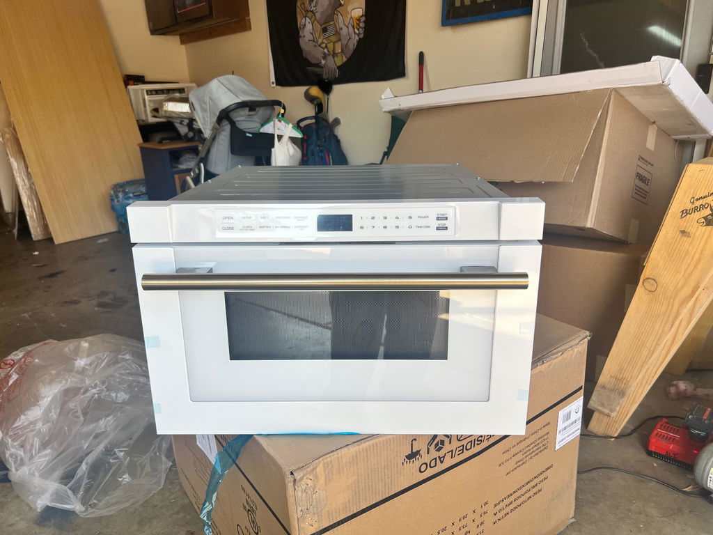 FORNO Espresso Package - 30" Gas Range, 36" Refrigerator with Ice Maker, Dishwasher and 24" Microwave Drawer in White with Antique Brass Accents