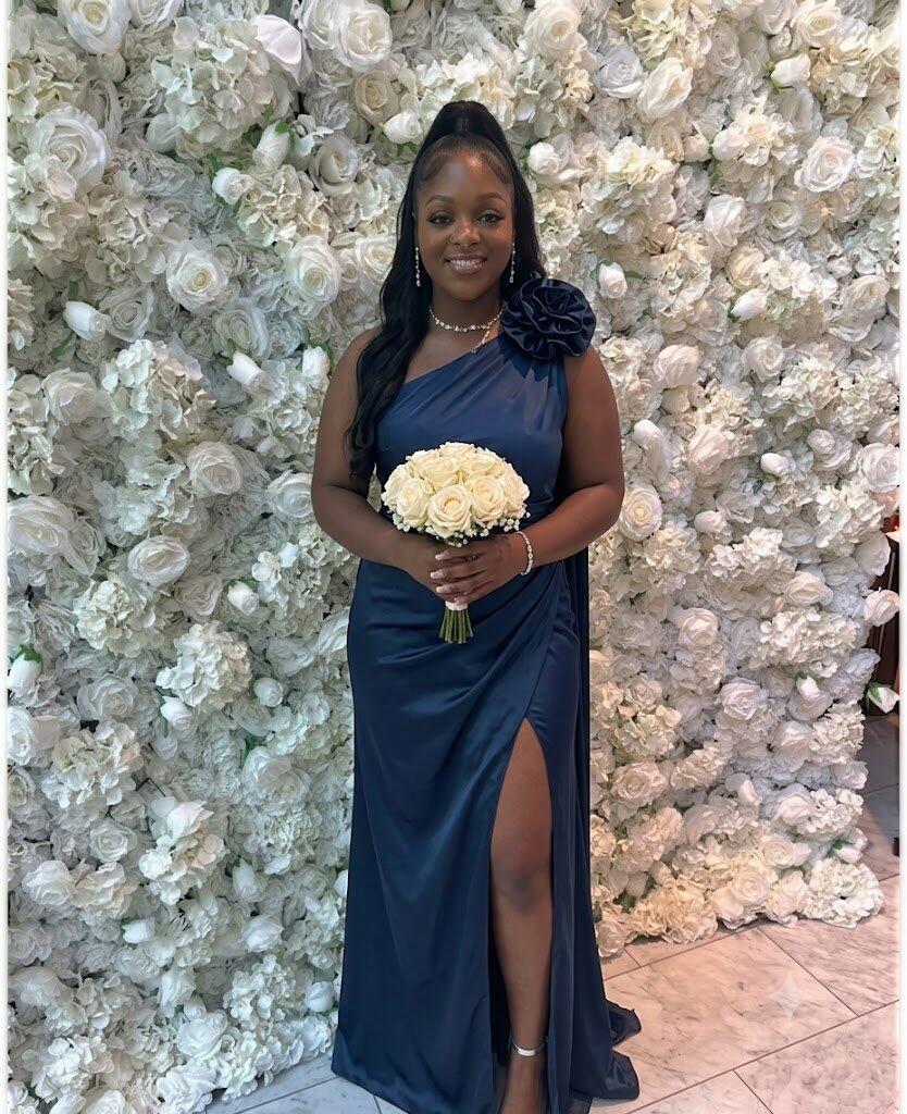 Elegant Navy Satin Bridesmaid Dresses One Shoulder Flower Slit Floor Length Gown,BG982