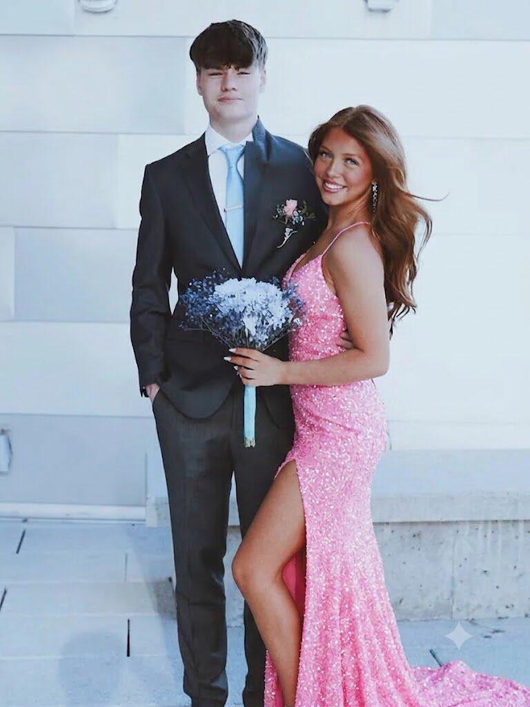 Sexy Spaghetti Straps V-neck Mermaid Pink Long Evening Prom Dress Online, OL139