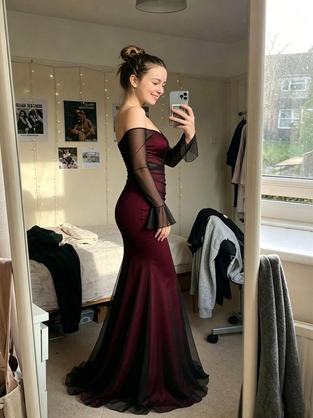 Modern Elegant Burgundy Mermaid Prom Dress Off-Shoulder Long Sleeve Formal Gown,OLP2275
