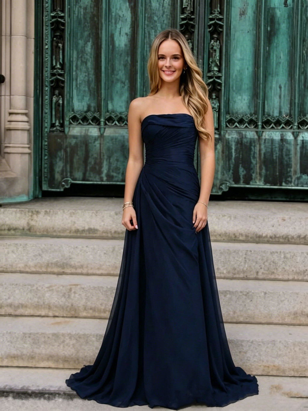 Dark Navy Strapless A-line Tulle Straight Neck Long Evening Prom Dress Online, OL028