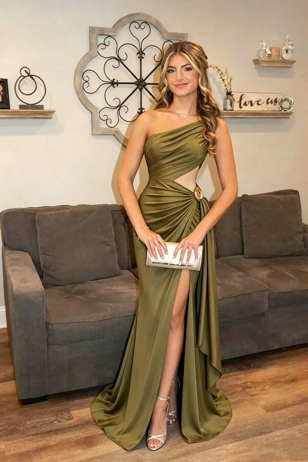 Modern Olive Green Satin One-Shoulder Prom Dress with Sexy High Slit,OLP2274