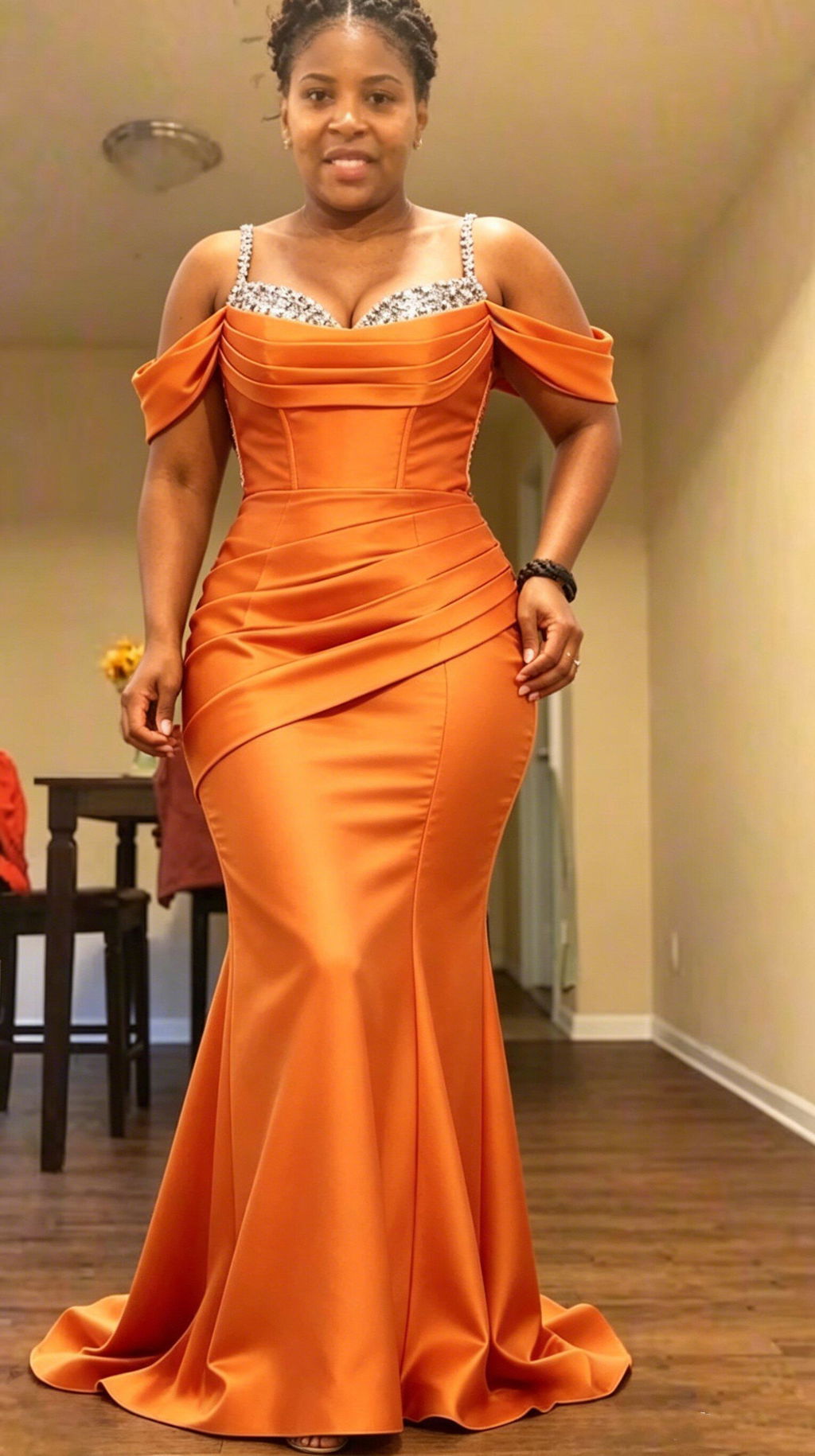 Fancy Orange Off-the-Shoulder Bridesmaid Dresses with Sparkling Crystal Accents,BG984