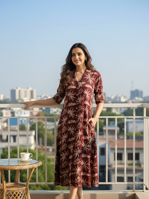 Wine & Brown Leaf Print  A-Line Dress