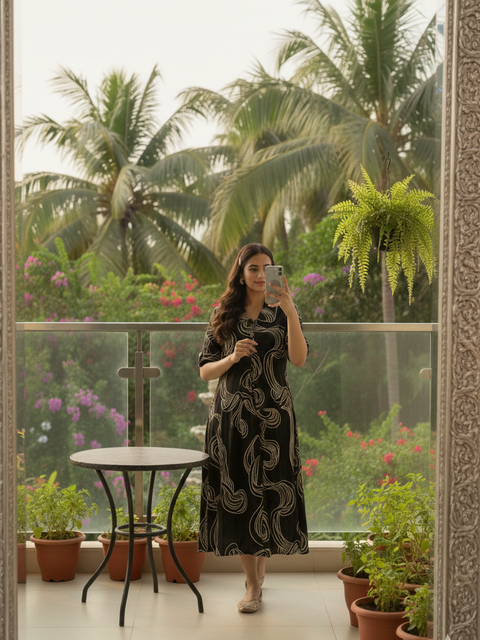 Black Abstract Print  A-Line Dress