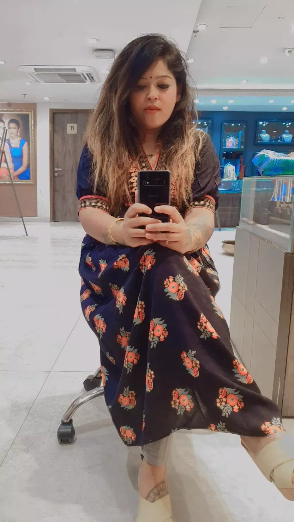 Black Printed V Neck Gathered Dress