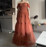 Tiered Tulle Off-Shoulder Gown with Crystal Beading