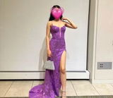 Mermaid Spaghetti Straps Red Long Prom Dresses Thigh Split Beaded Evening Dresses MLK044