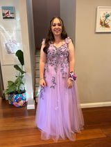 Chic A-line Off Shoulder Lilac Long Prom Dresses Floral Applique Prom Dress Evening Gowns POL017