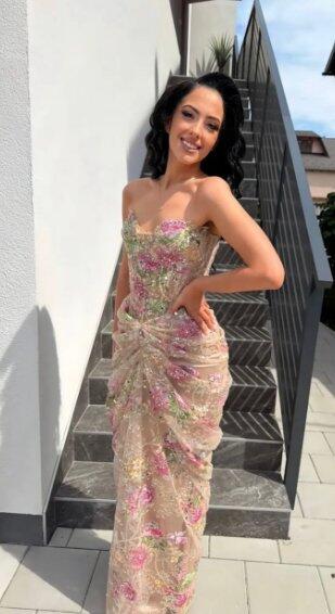 Luxury Saudi Arabic Pink 3D Flower Strapless Beaded Mermaid Evening Dress LA73552