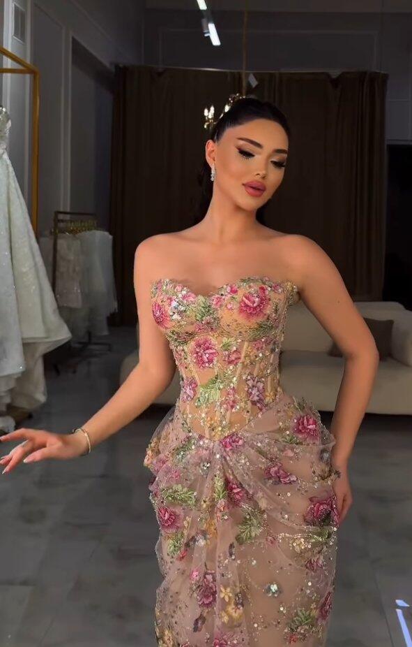 Luxury Saudi Arabic Pink 3D Flower Strapless Beaded Mermaid Evening Dress LA73552