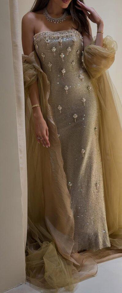 Luxury Gold Crystal Mermaid Evening Dress With Cape LA73387