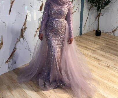 Luxury Nude Modest Beaded Tassel Mermaid Evening Dress LA71533