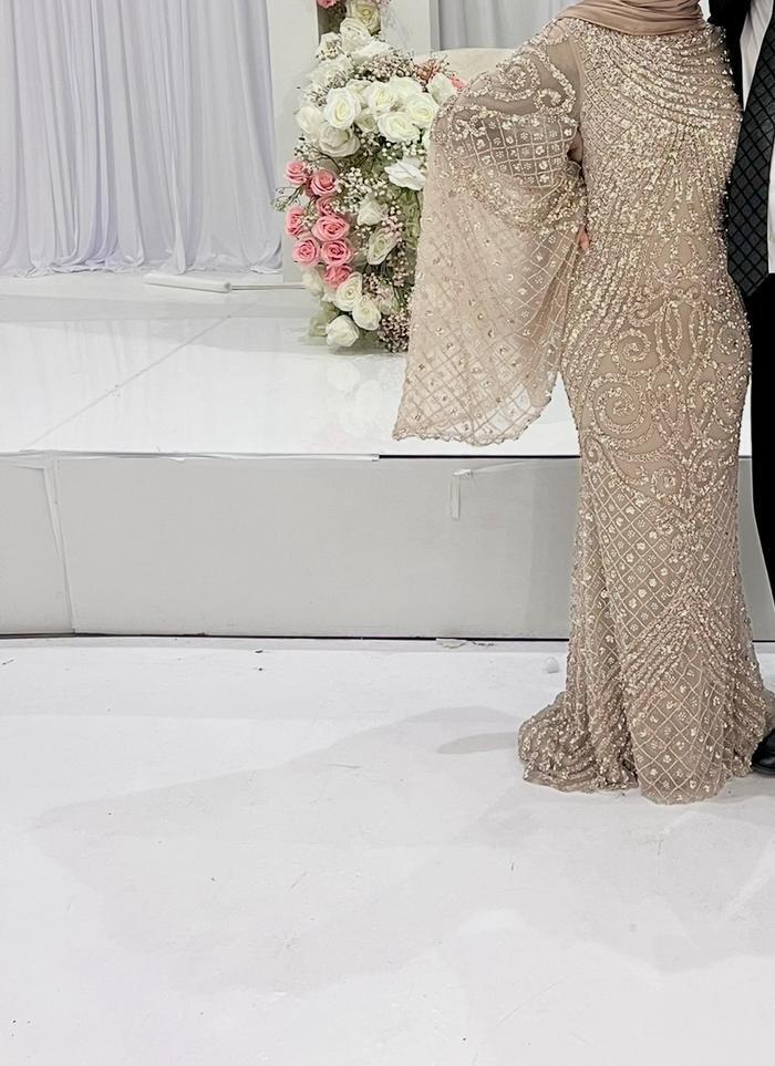 Luxury Flared Sleeves Caramel Beaded Mermaid Evening Dress LA72771